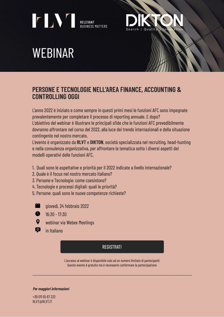 PERSONE E TECNOLOGIE NELL’AREA FINANCE, ACCOUNTING & CONTROLLING OGGI - Webinar 24 febbraio 2021