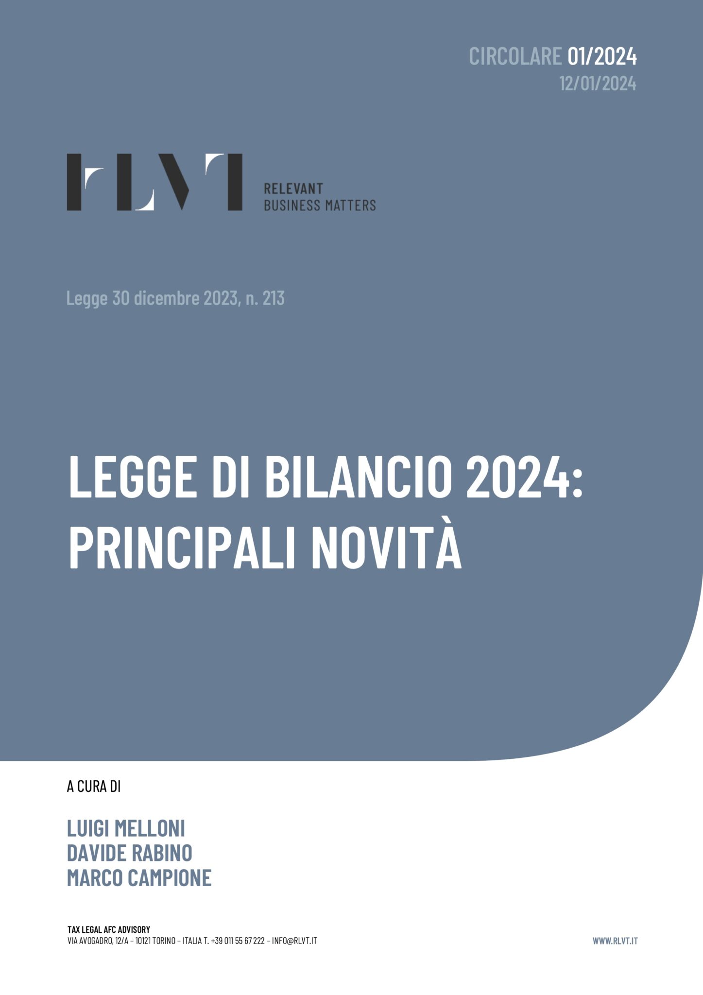 LEGGE DI BILANCIO 2024 PRINCIPALI NOVITÀ Circolare 1/2024 RLVT